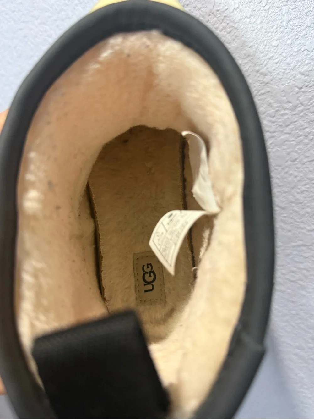 UGG Cream Shearling Short Rain Boot with Black Trim